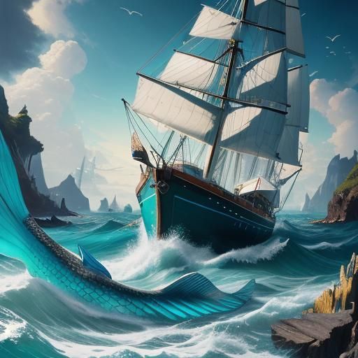 Mermaid in Earth-Reflecting Boat Amidst Raging Waves