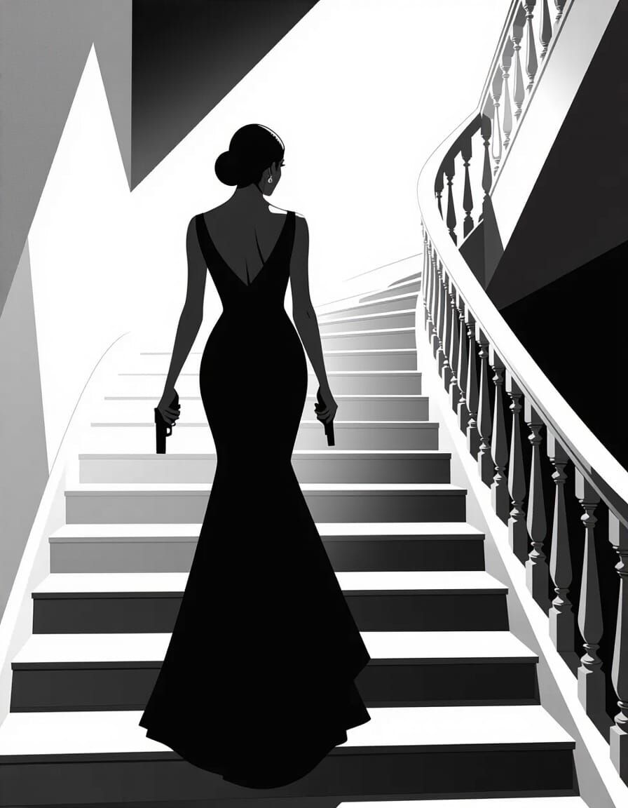 Elegant Noir Woman on White Stairwell in Abstract Style