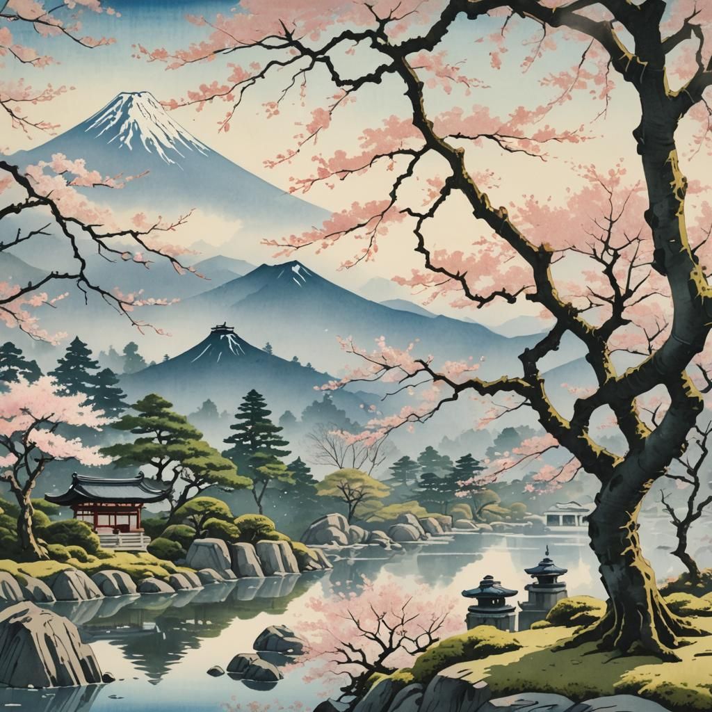 Sakura Tree in Japanese Garden, Ukiyo-e Style