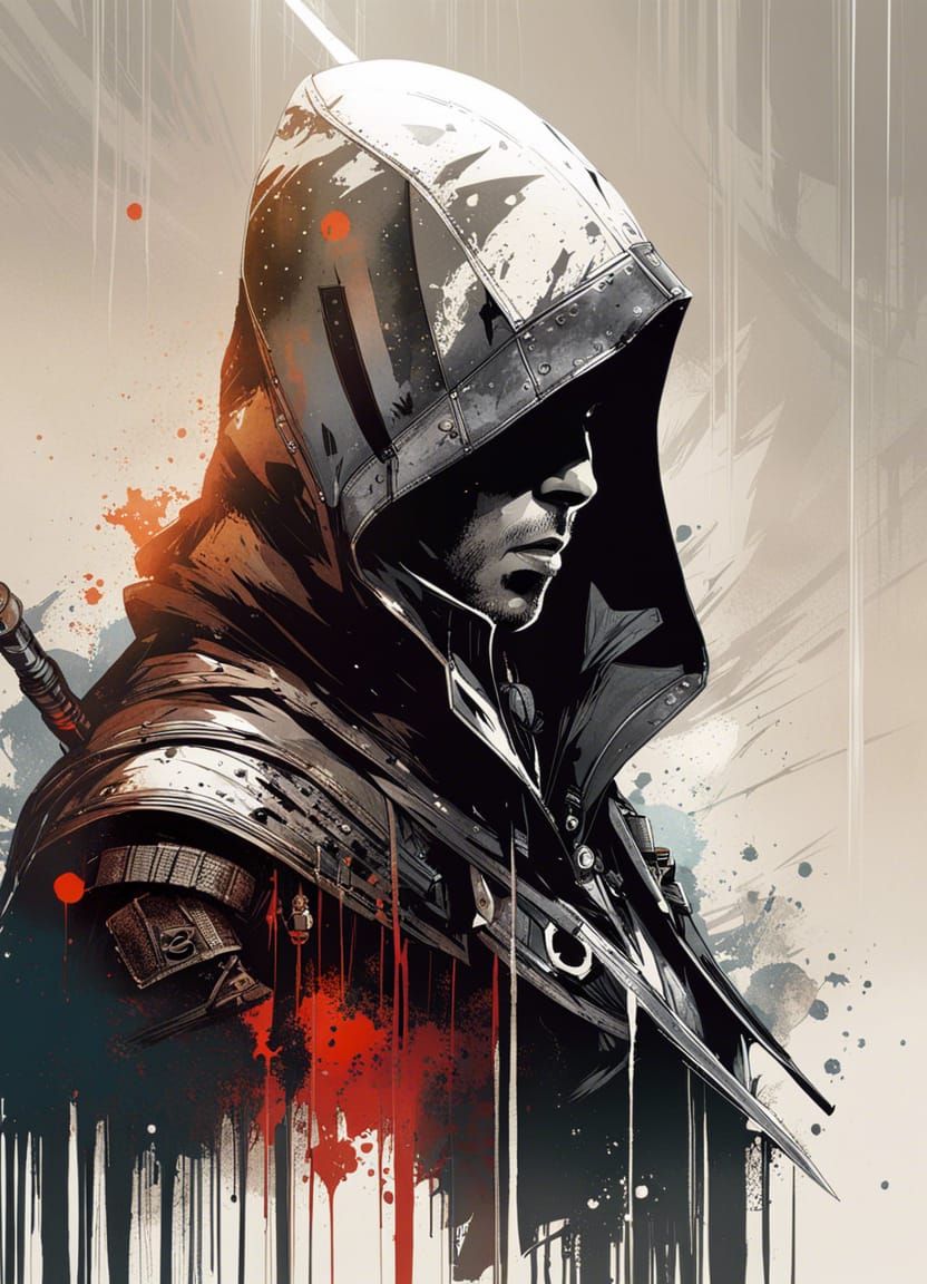 Cyberpunk Assassin Portrait with Ink Splatter Effect