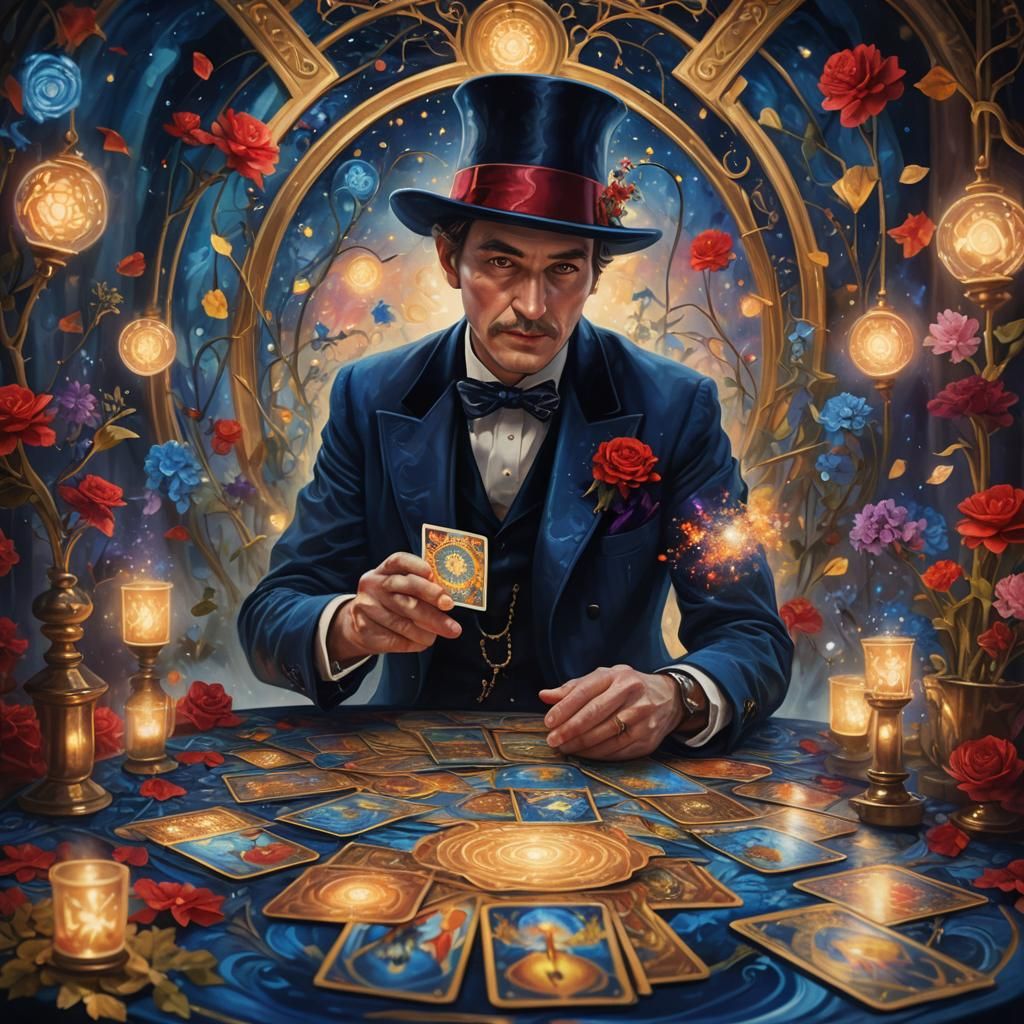 Magician Peers into Tarot Cards: Surreal Oil Painting