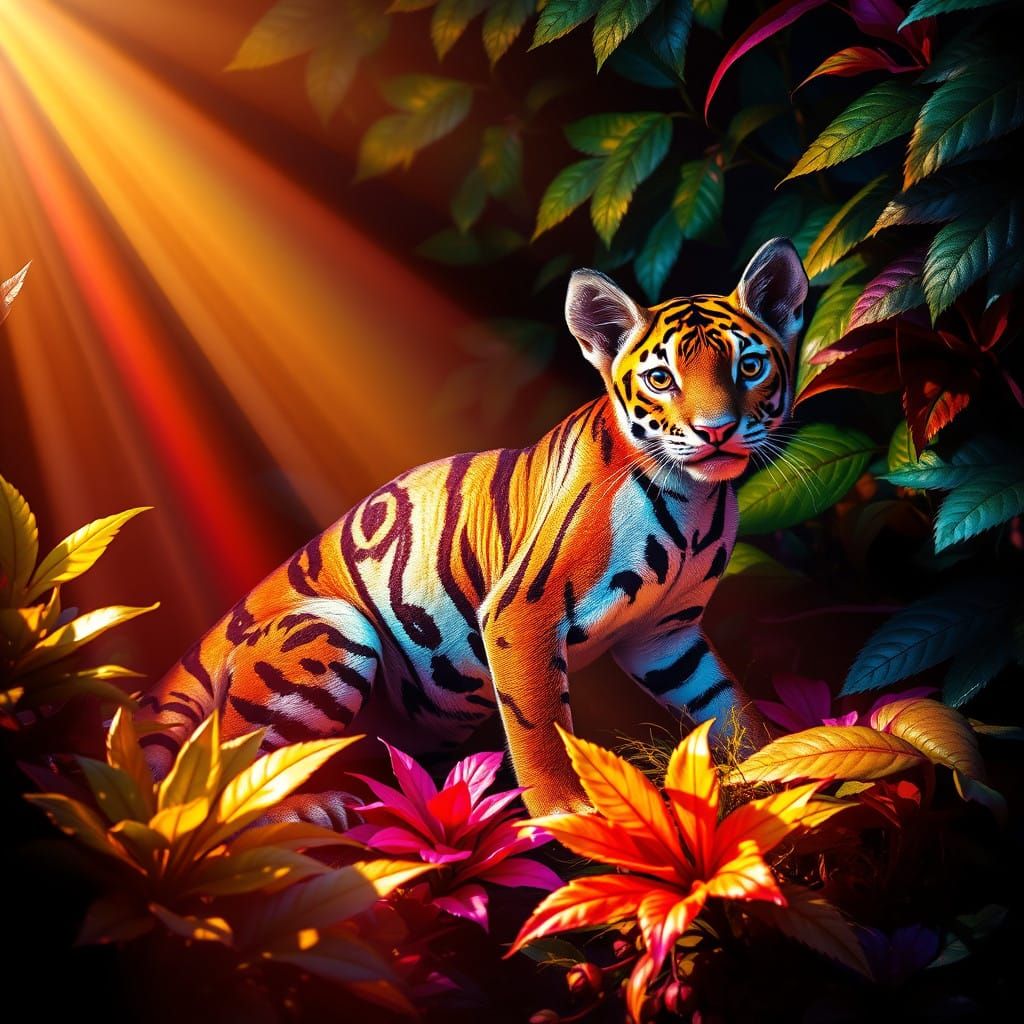Vibrant Fairy Dragon Tiger in Lush Foliage, Radiant with Pri...