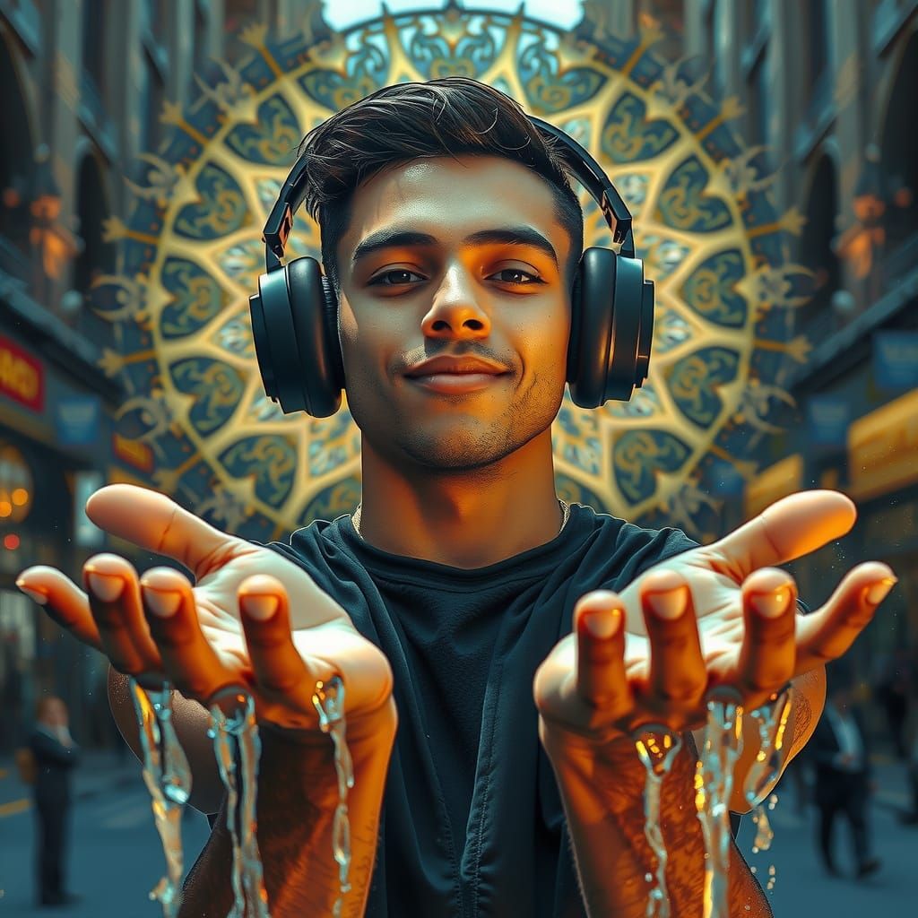 Joyful Man with Glowing Auriole in NYC Street