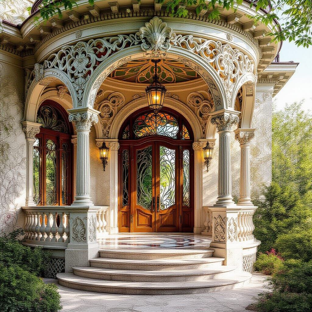 Art Nouveau Porch with Fractal Patterns in Jewel Tones