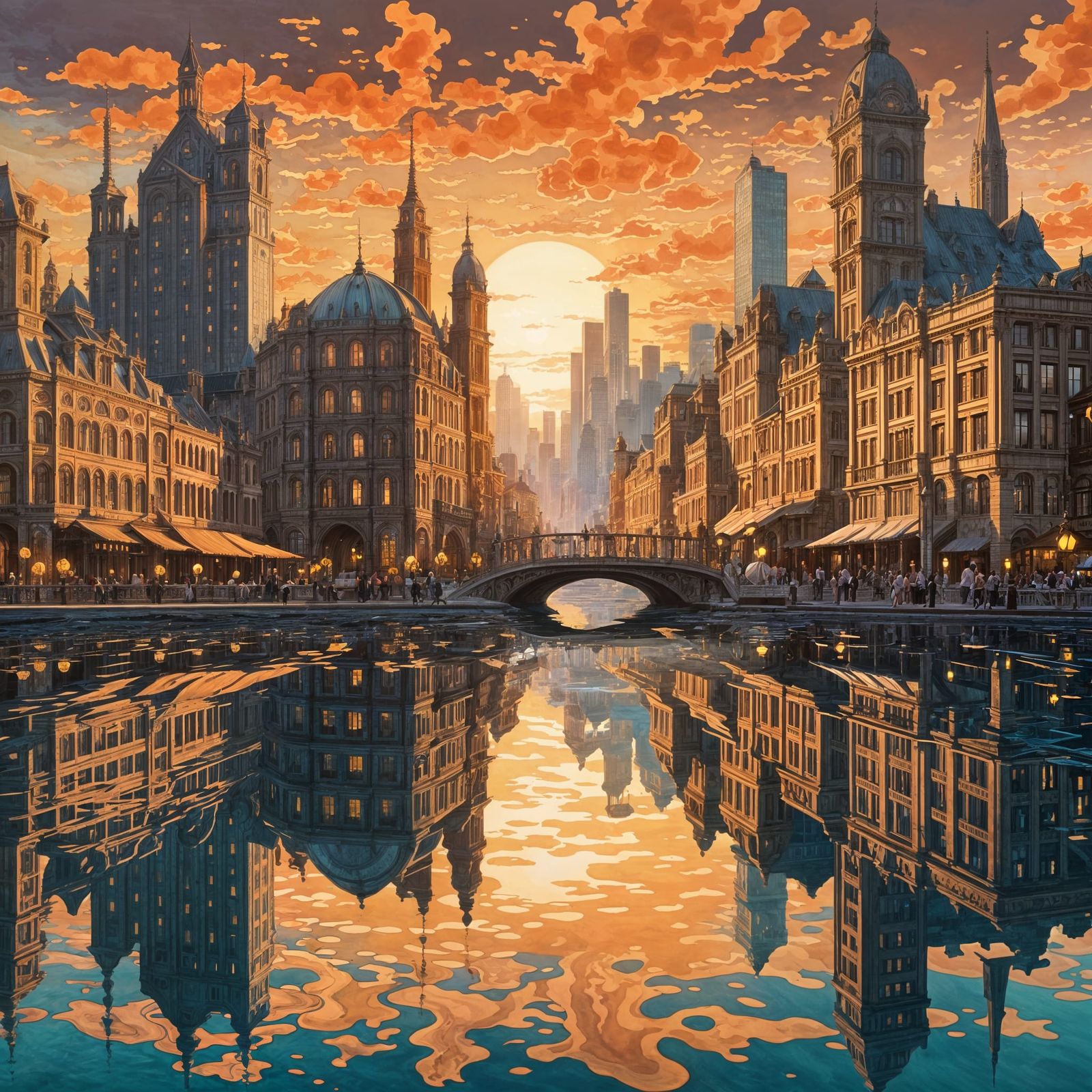 Sunset Cityscape Reflection: Gouache Style Panoramic View