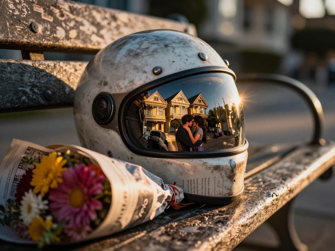The bench, the helmet, the kiss