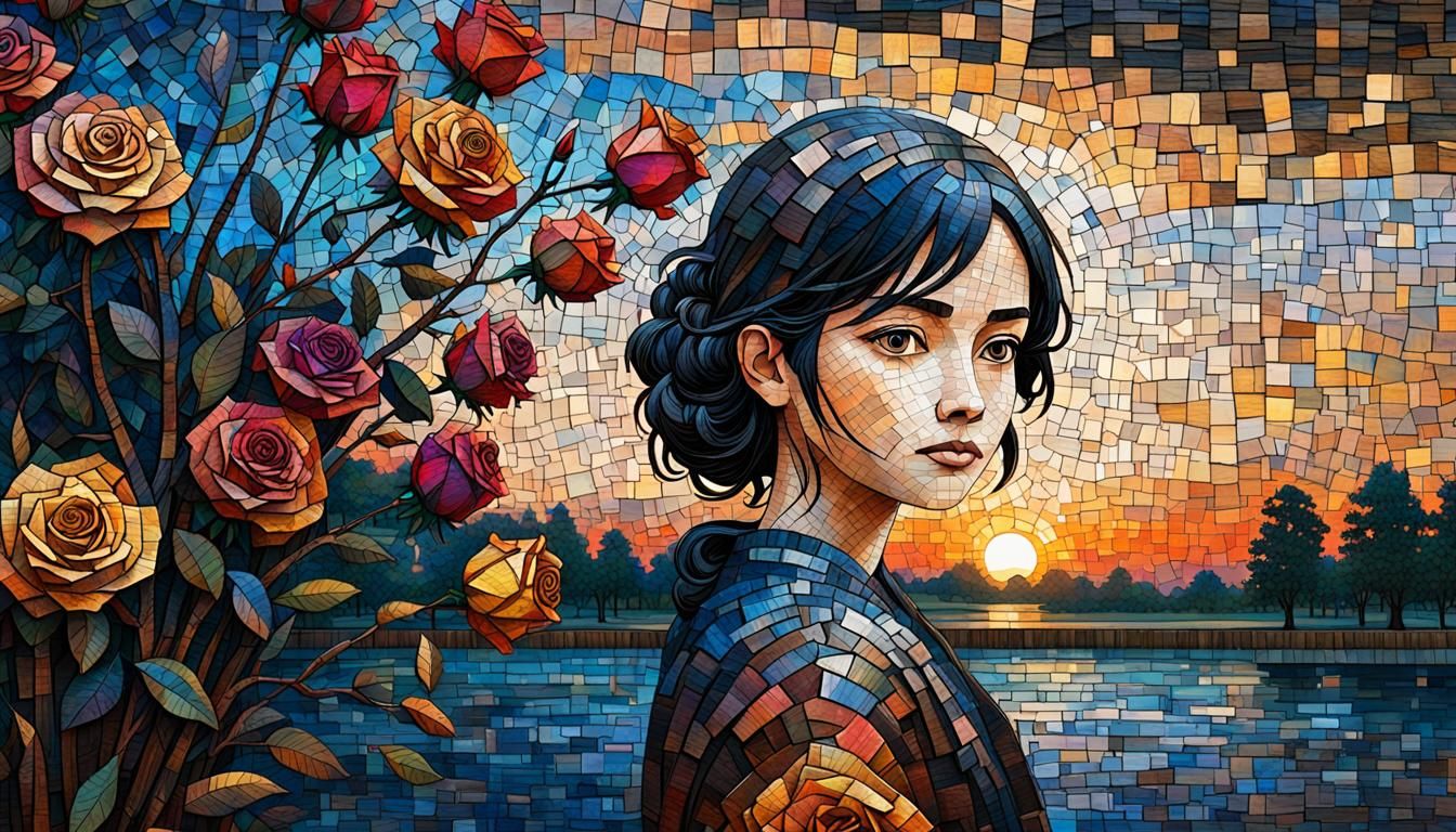 Mosaic Portrait of Girl with Roses in Park