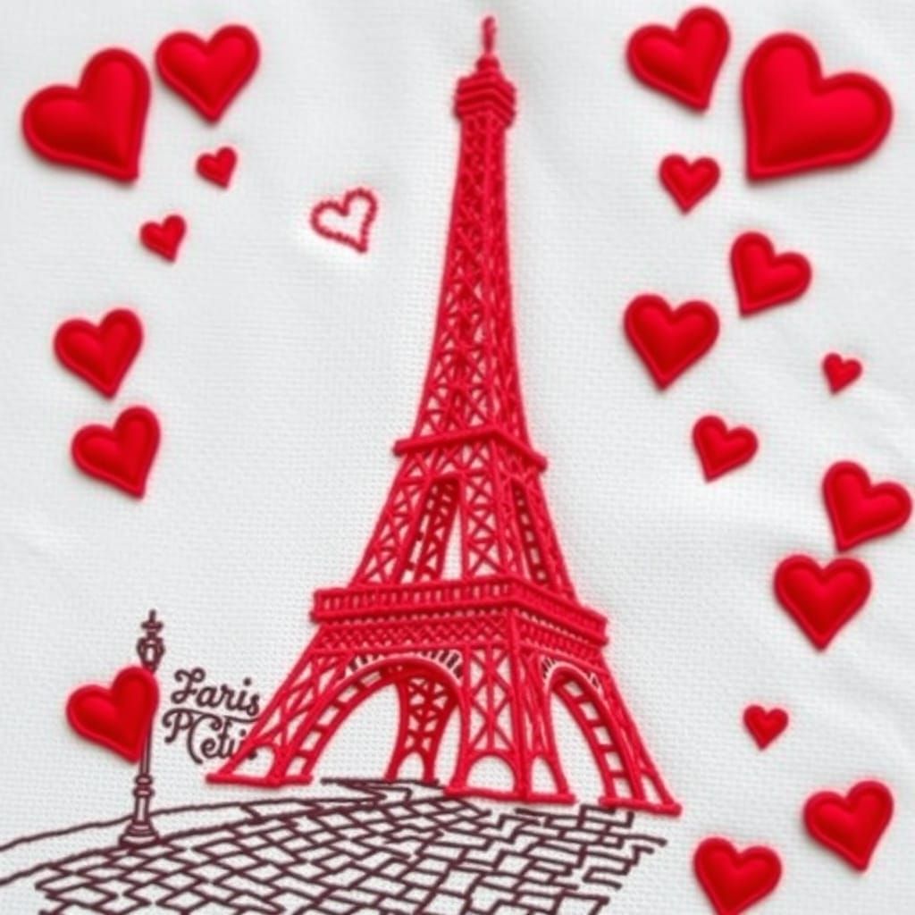 Eiffel Tower in Vibrant Red Embroidery