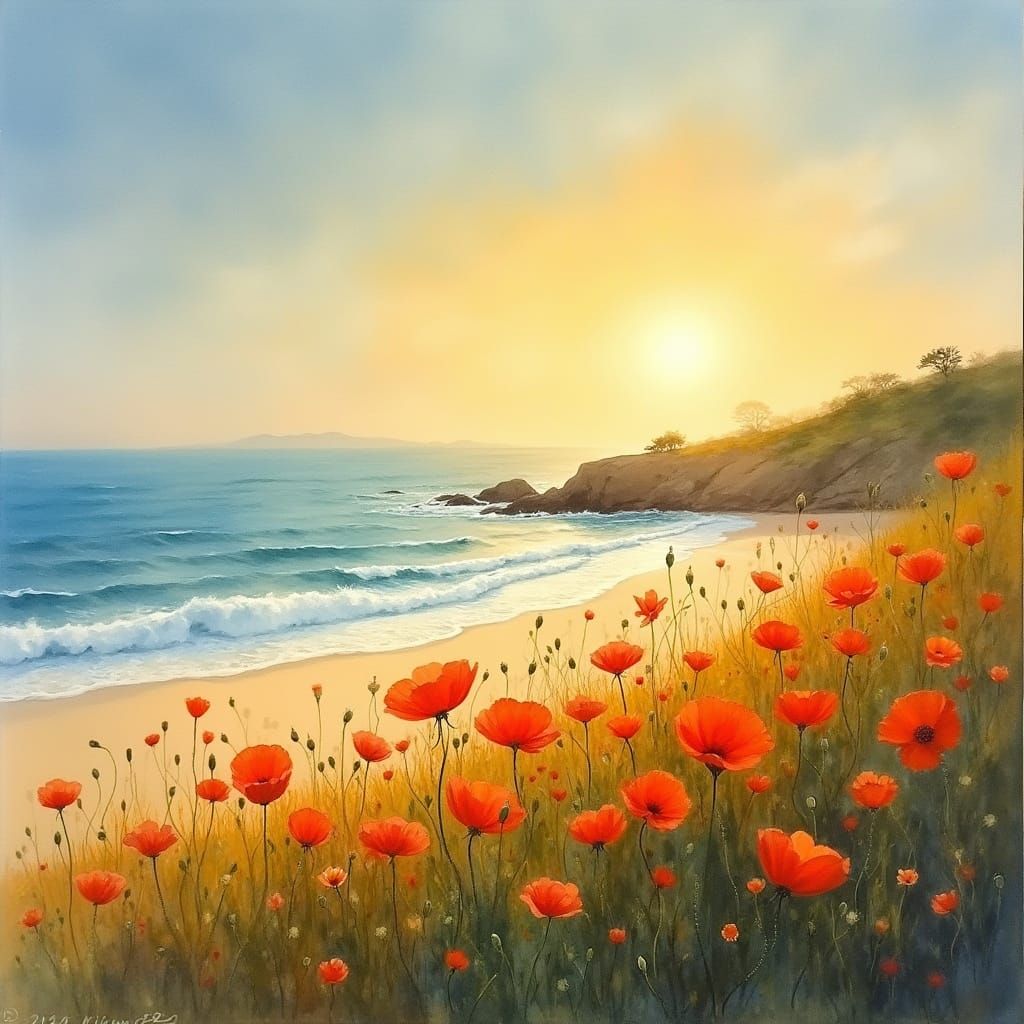 Whimsical Carmel Beach Sunset with Orange Poppies
