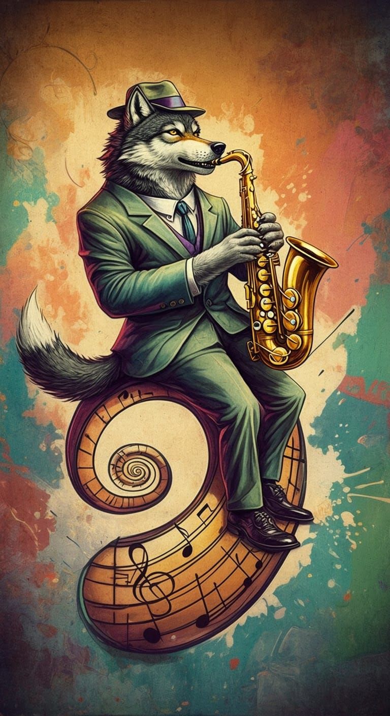 Big Bad Wolf Plays Saxophone in Surreal Jazz Scene
