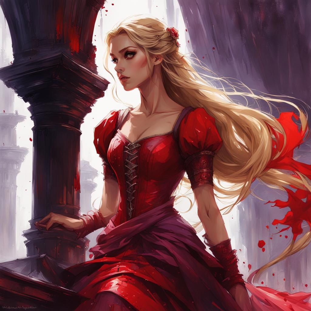 Rapunzel in Blood Red Dress, Dark Rainy Art