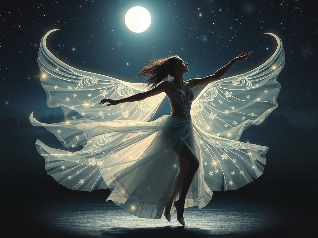 Ethereal Dancers Under Moonlight in Fantasy Embroidery Style
