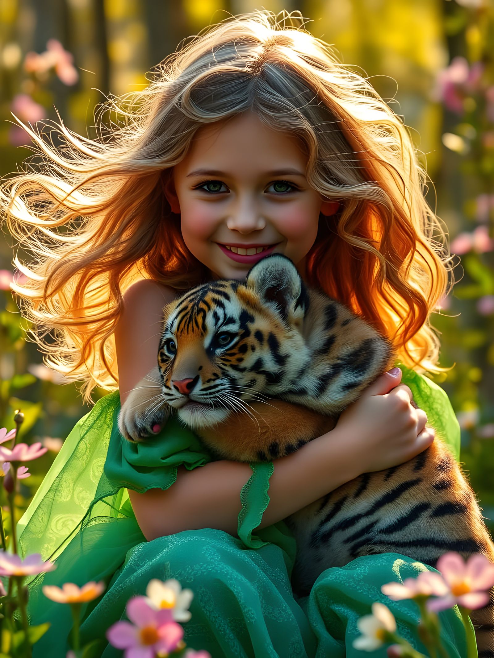 Joyful Girl and Tiger Cub in Vibrant Spring Forest