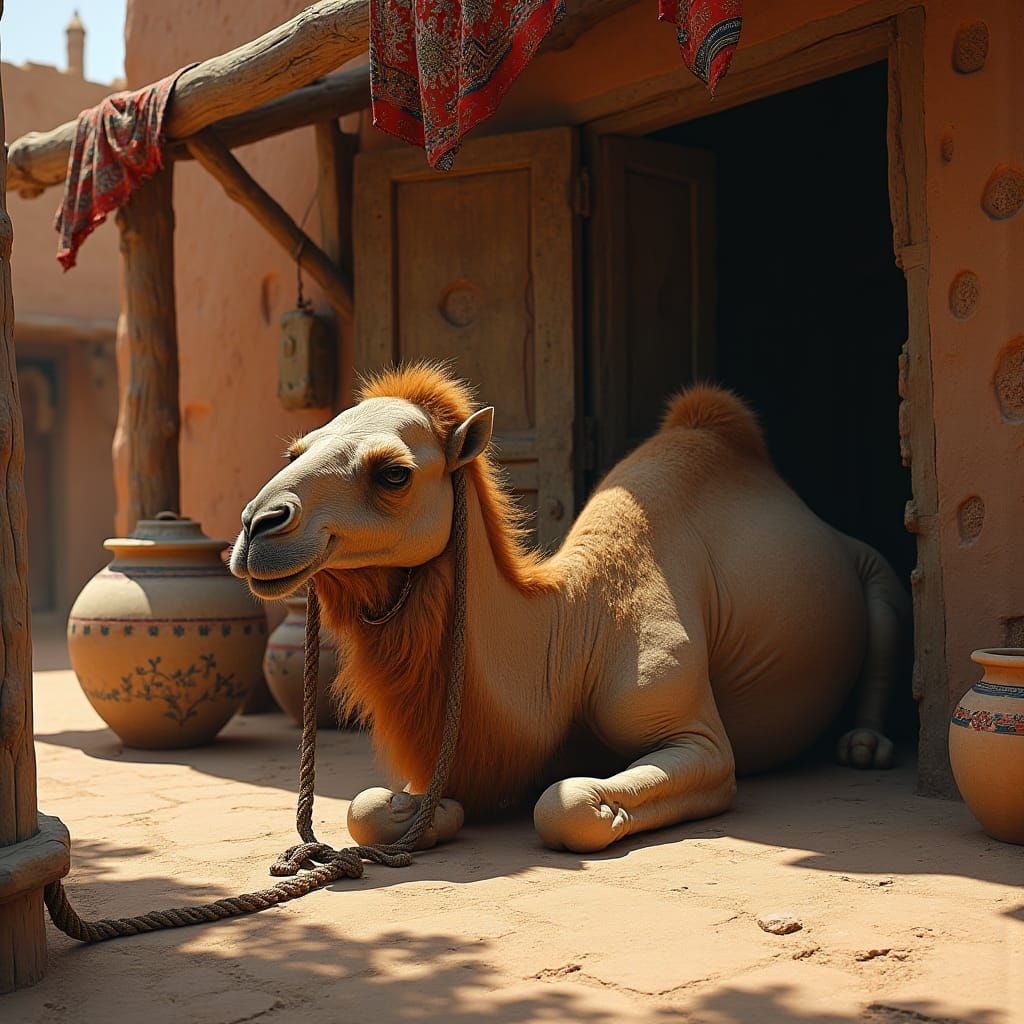 Exhausted Camel in Arabian Village, Matte Painting