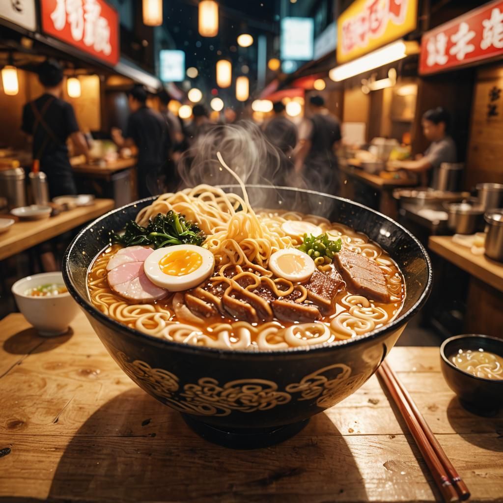 Steaming Ramen Bowl at Japanese Street Stall