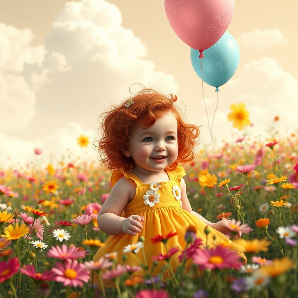 Whimsical Child Explores Vibrant Flower Field in Fantasy Lan...