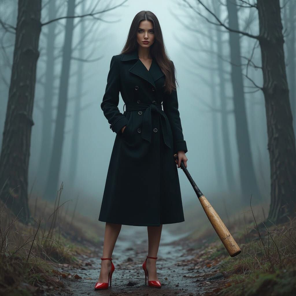 Woman with Baseball Bat in Misty Forest