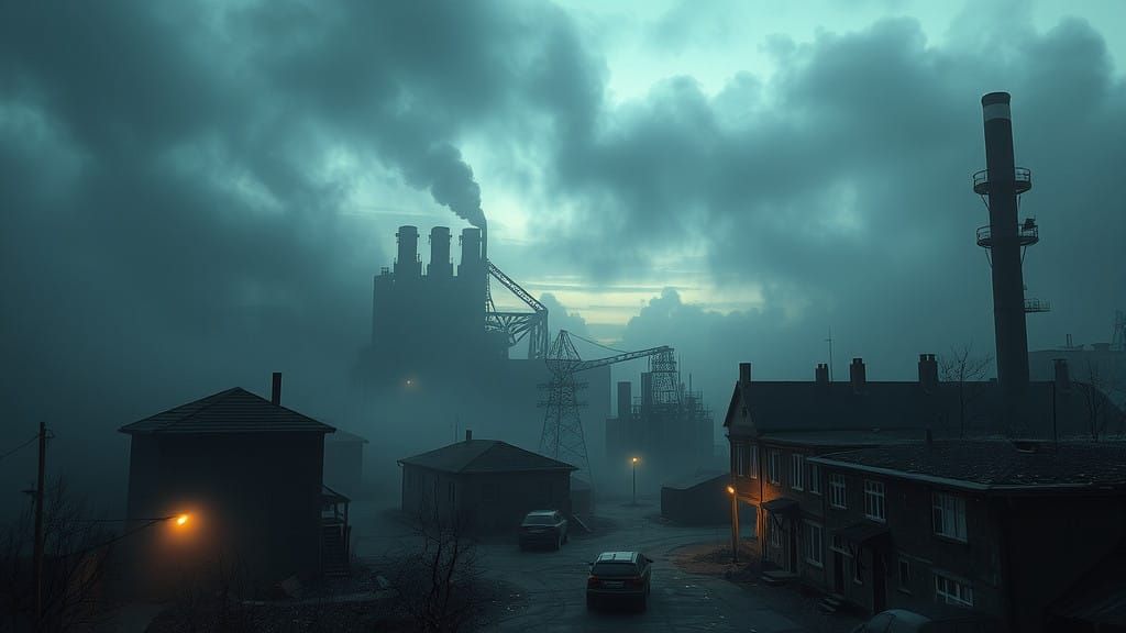 Abandoned Townscape Drenched in Foreboding Fog at Dusk