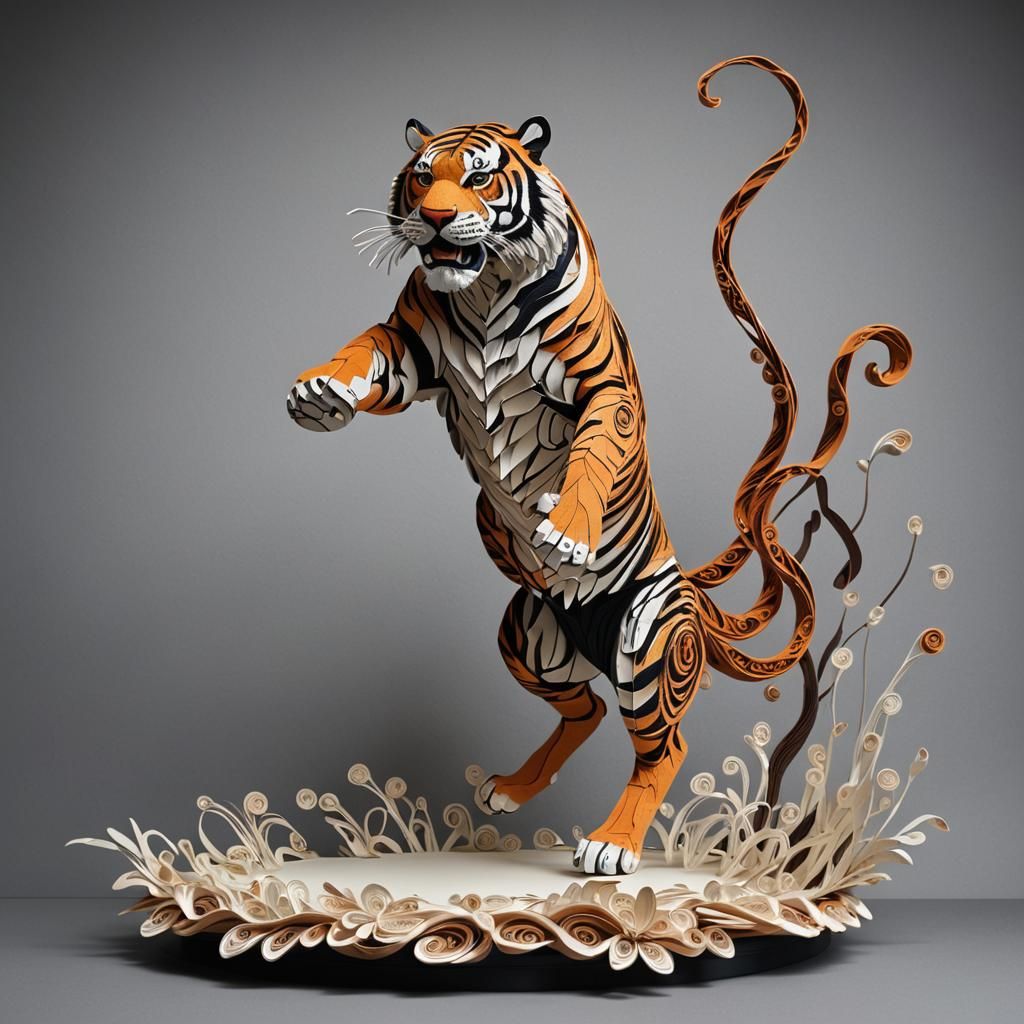 Hyperrealistic 3D Paper Sculpture of Leaping Tiger