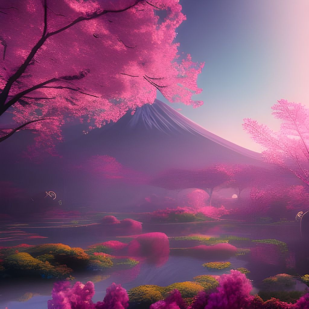 Sakura Blossoms Frame Mount Fuji in Detailed Fantasy Art
