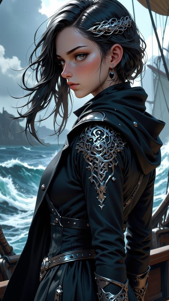 Stoic Elf Captain in Stormy Seas