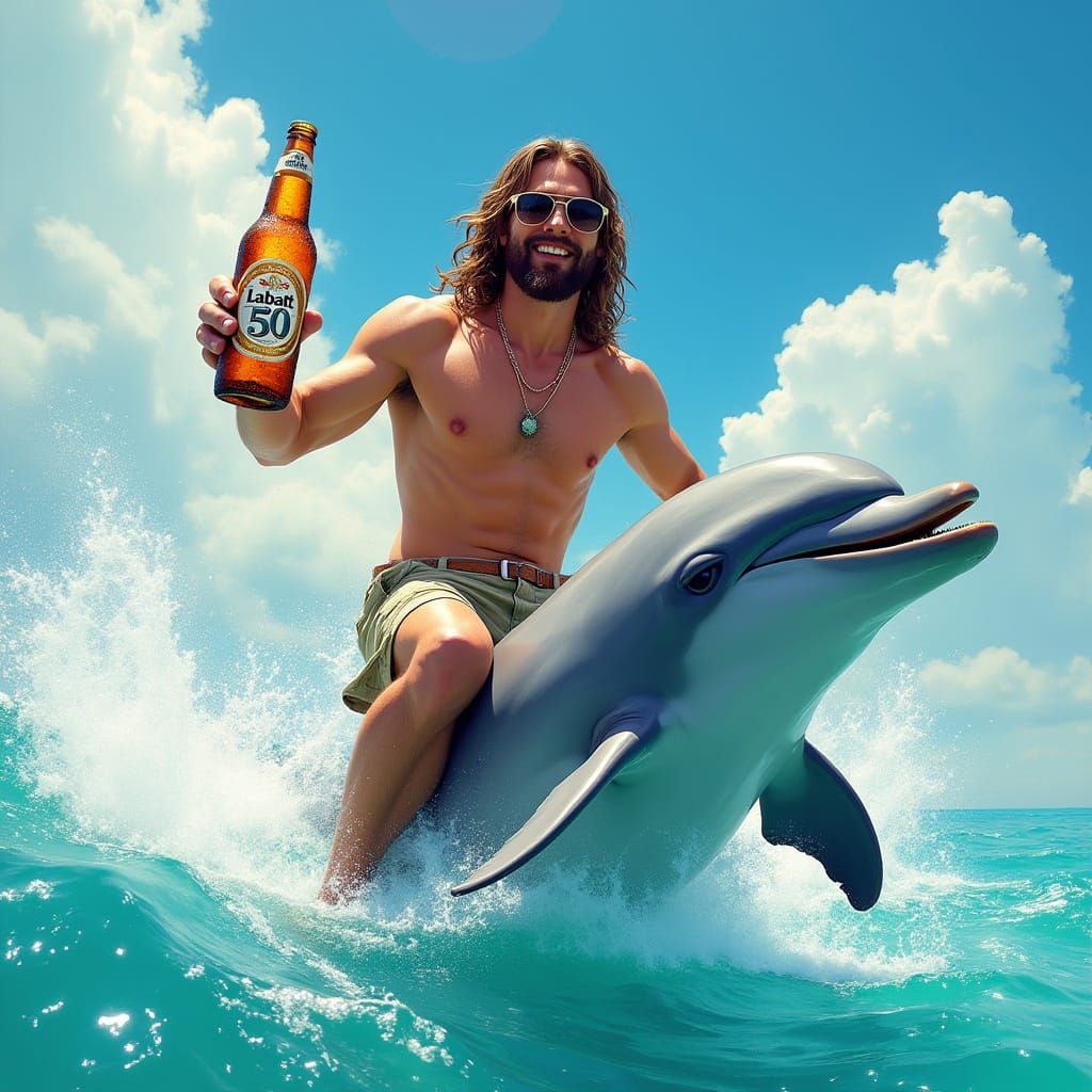Surreal Jesus Surfs the Waves in Sunglasses