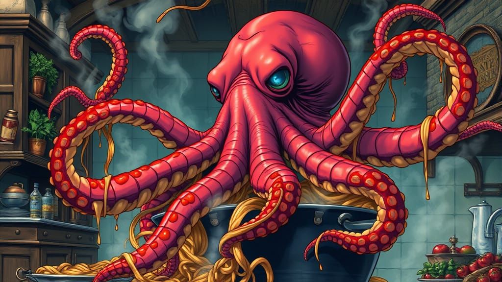 Spaghetti Octopus Emerges from Cauldron: Culinary Horror