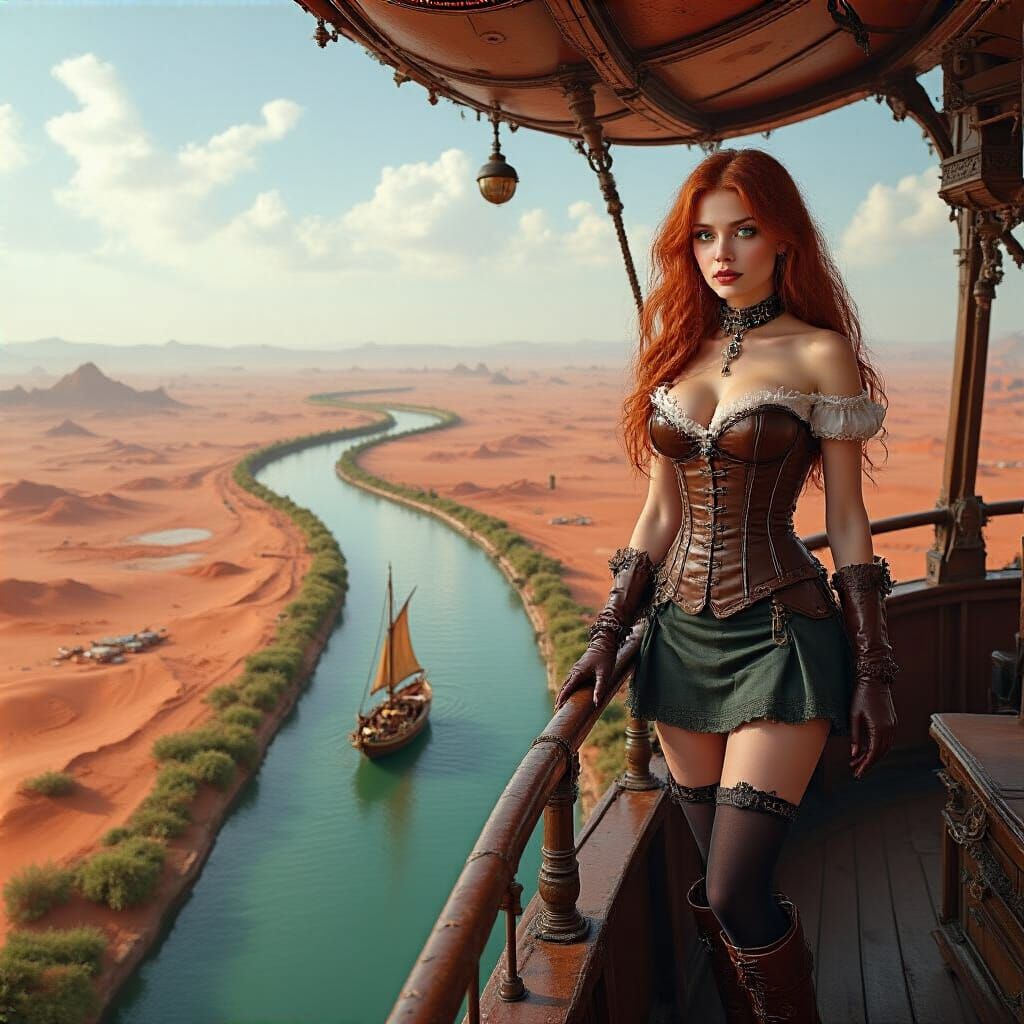 Steampunk Woman on Mars Airship Over Canal