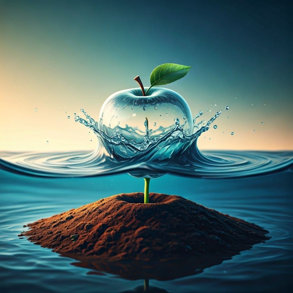 Glass Apple in Swirling Water: A Surreal Still Life