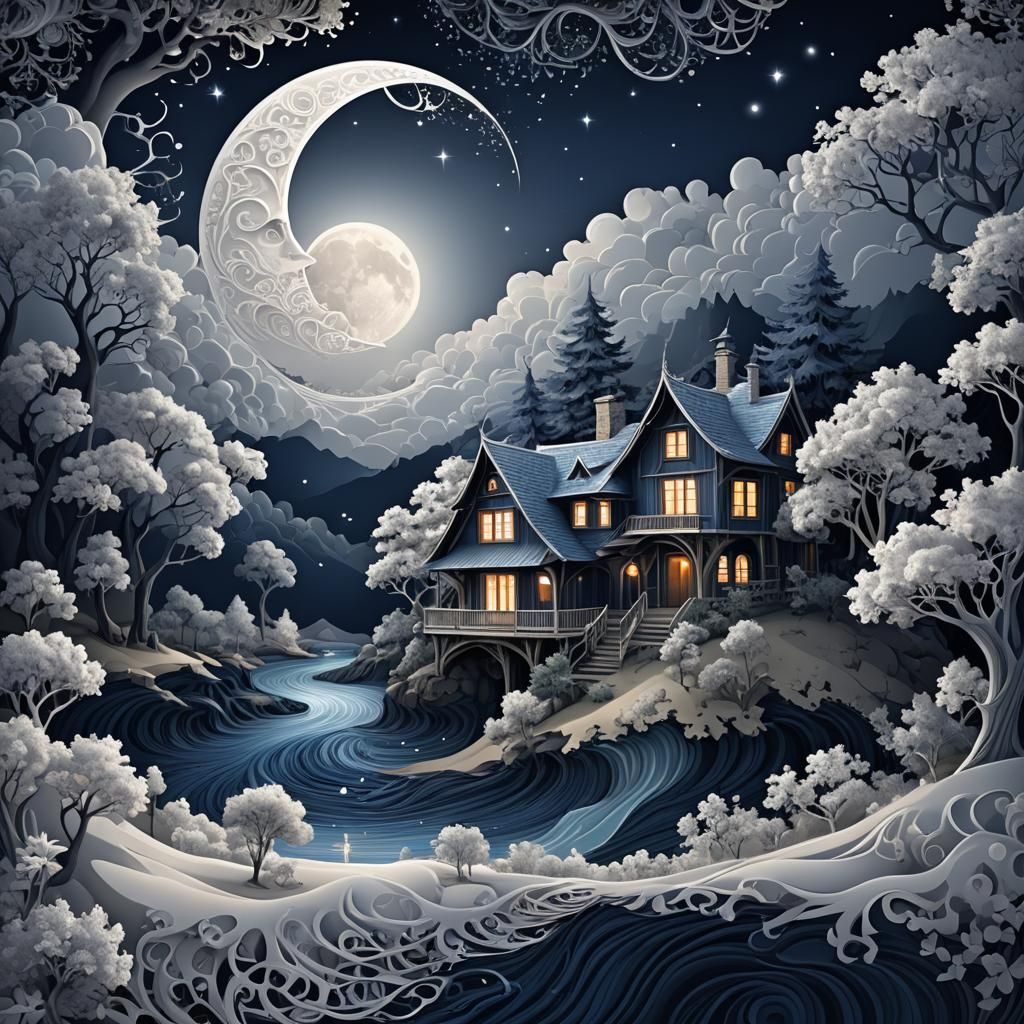 Moonlit Night with Abstract Vector Fractal Elements