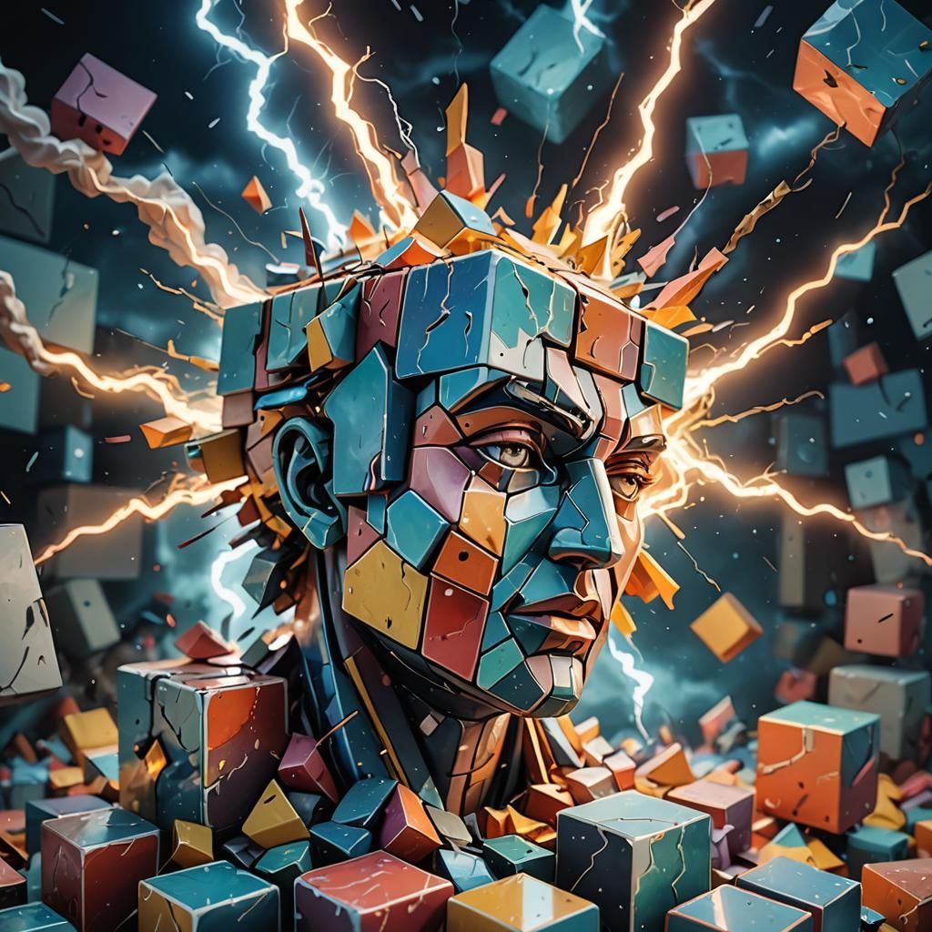 Surreal Cubist Dreamscape with Lightning Effects