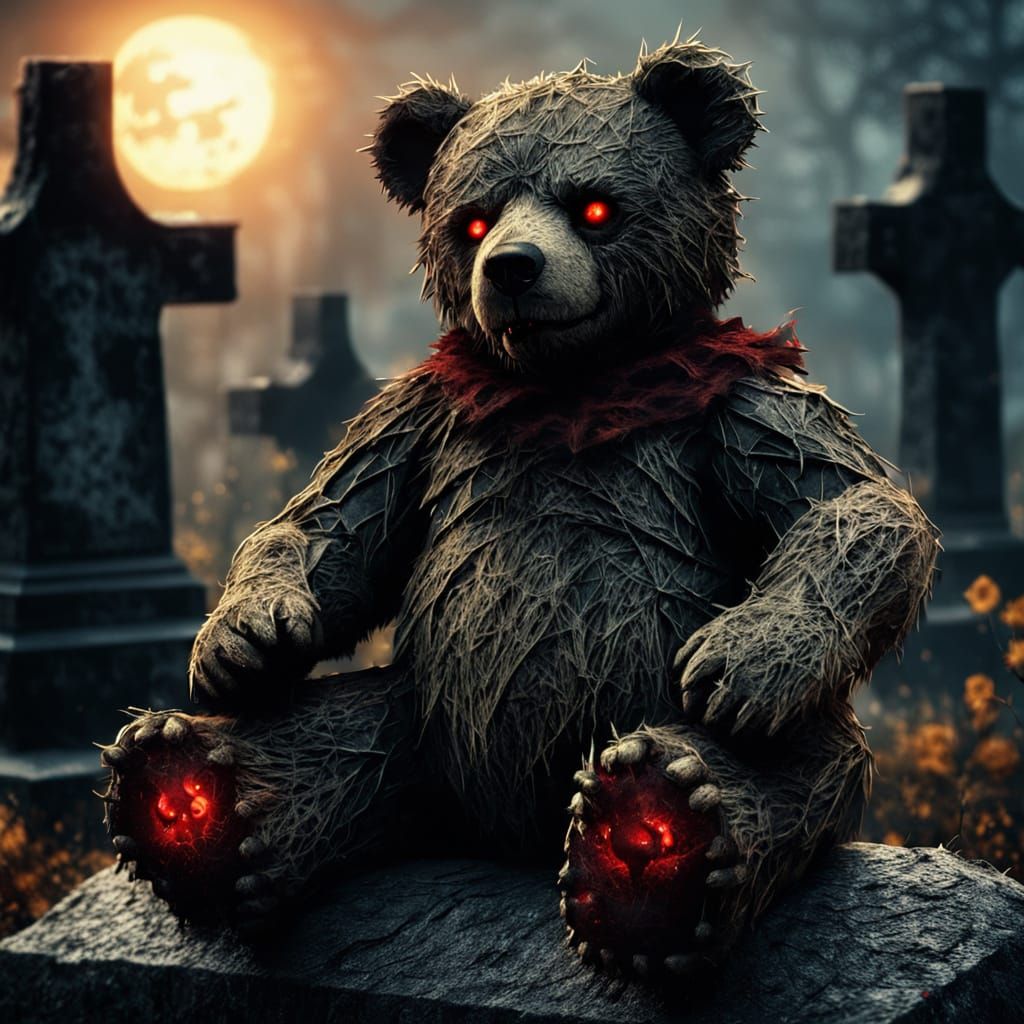 Evil Teddy Bear on Tombstone in Dark Fantasy Horror Art Styl...