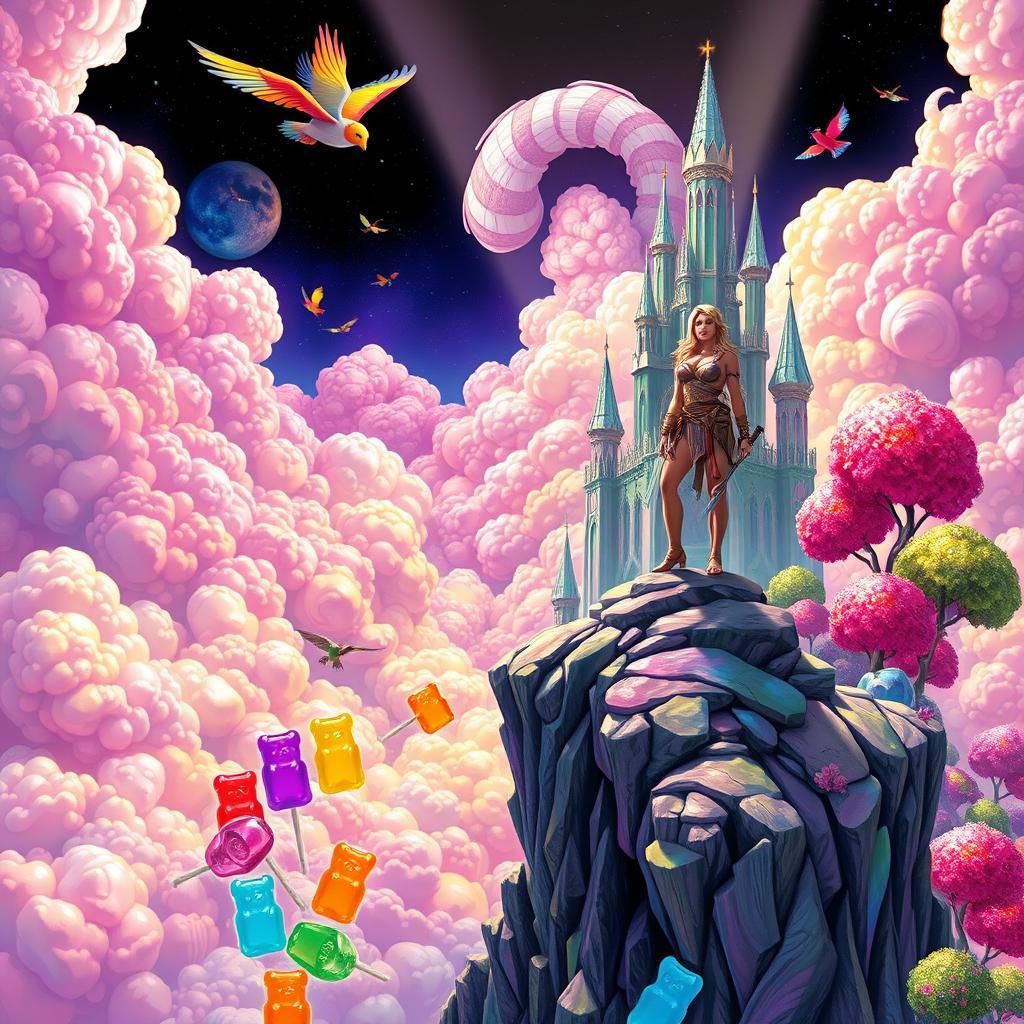 Warrior Woman in Candy Cloudscape, Moebius Style