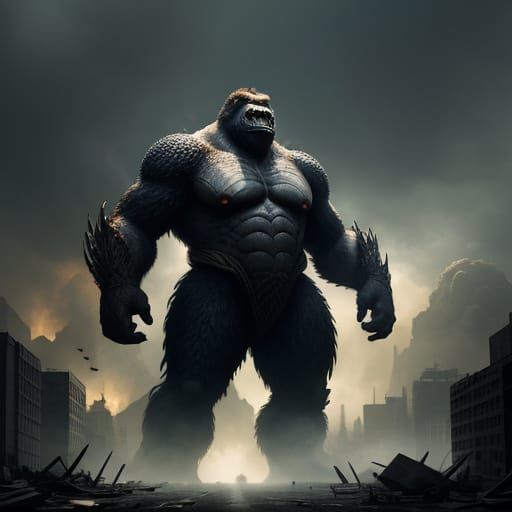 King Kong Godzilla Hybrid Creature in Destroyed City
