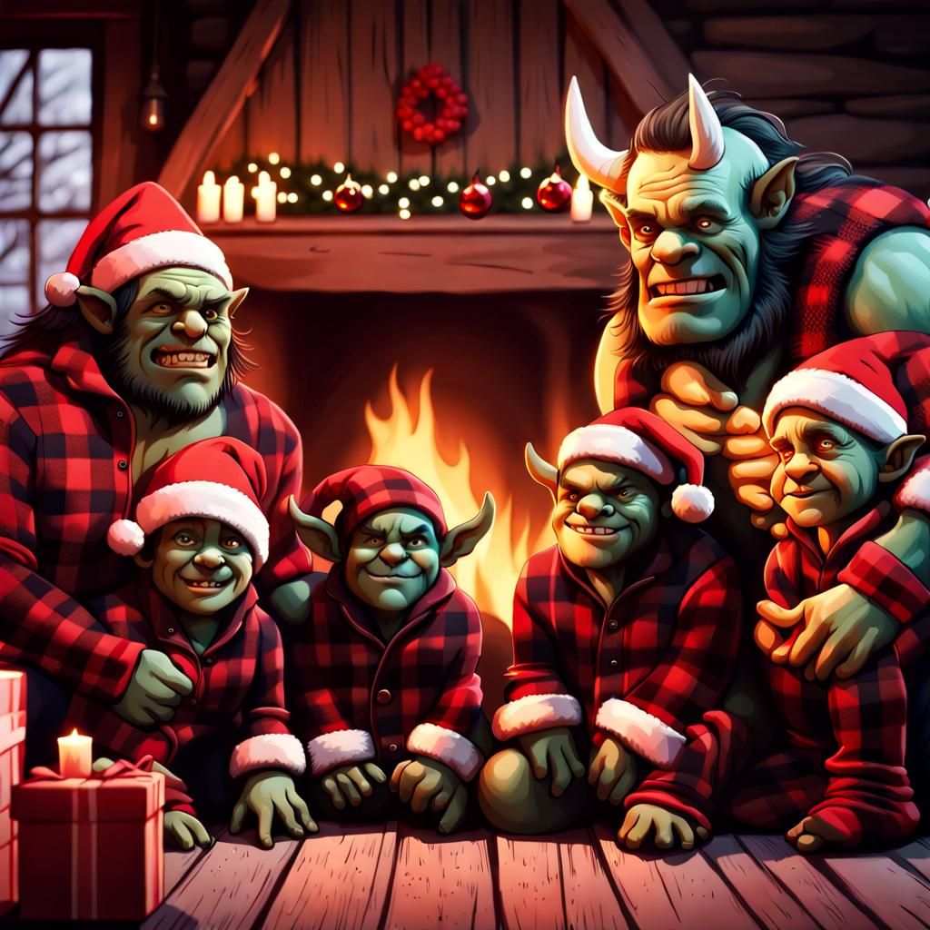Cheery Orc Family Christmas Photo, Digital Painting