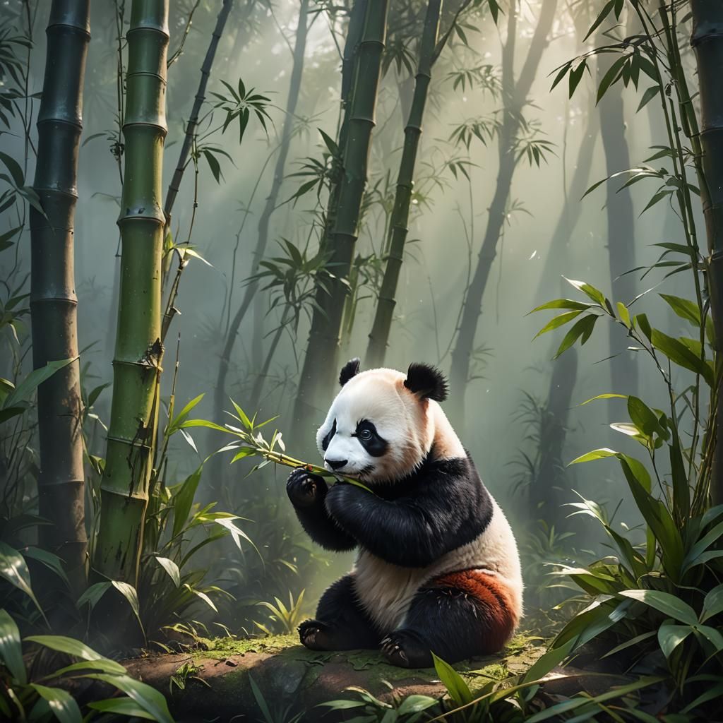Hyperrealistic Baby Panda in Misty Forest