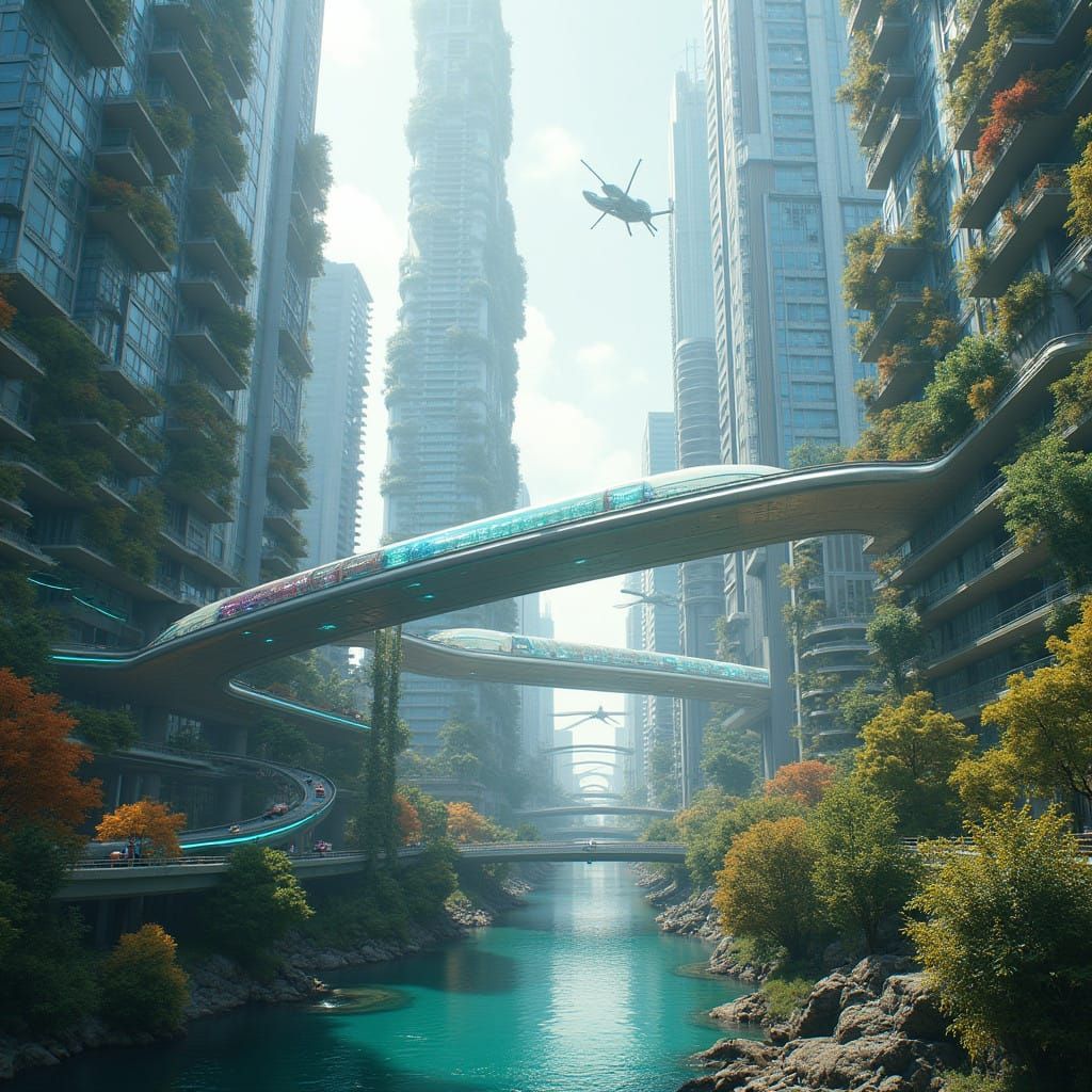 Futuristic Cityscape Unfolds in 6 Panels: Transportation, In...