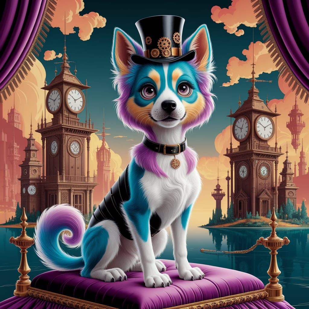 Pastel Gothic Dog in Steampunk Cityscape, Comic Book Art