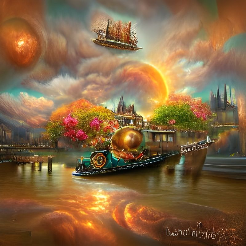 Surreal Steampunk River Scene in 3D