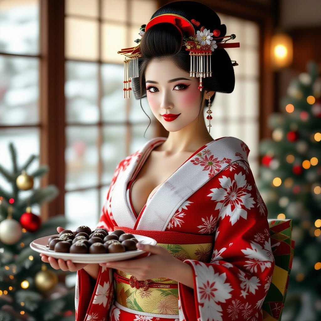 Stunning Geisha in Festive Bikini with Chocolates