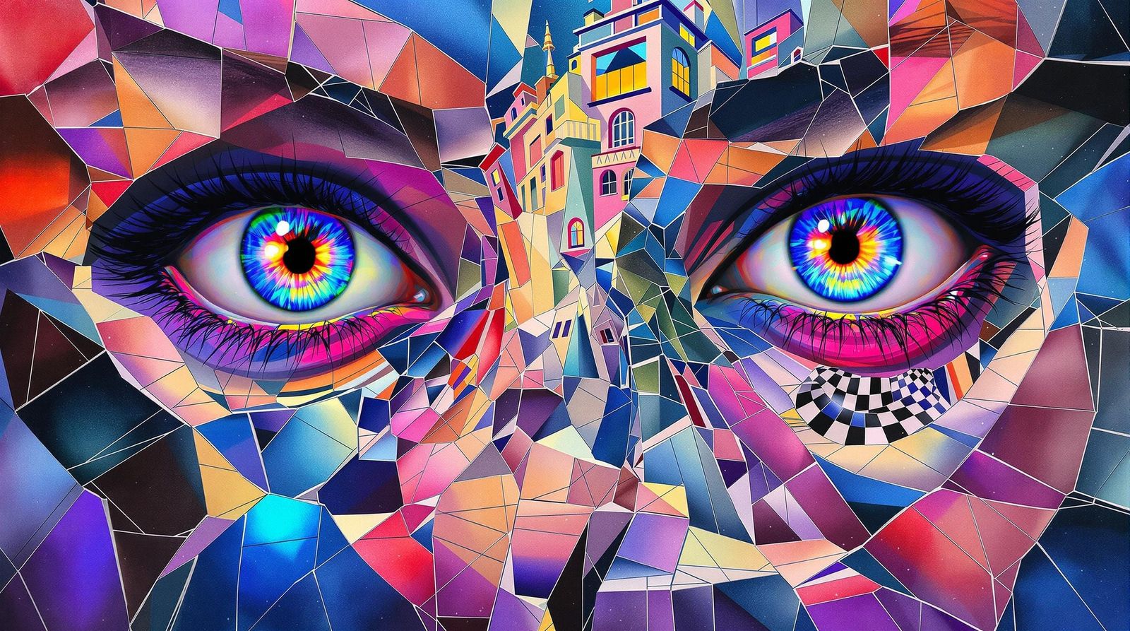 Crystalline Eyes in Dreamlike Tessellations, Watercolor Styl...