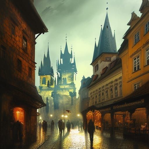Prague Old Town in a Dark Painterly Style