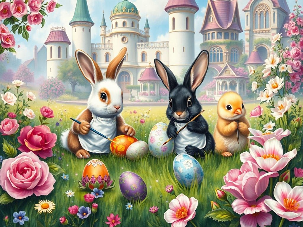 Whimsical Easter Scene with Bunnies Painting Eggs