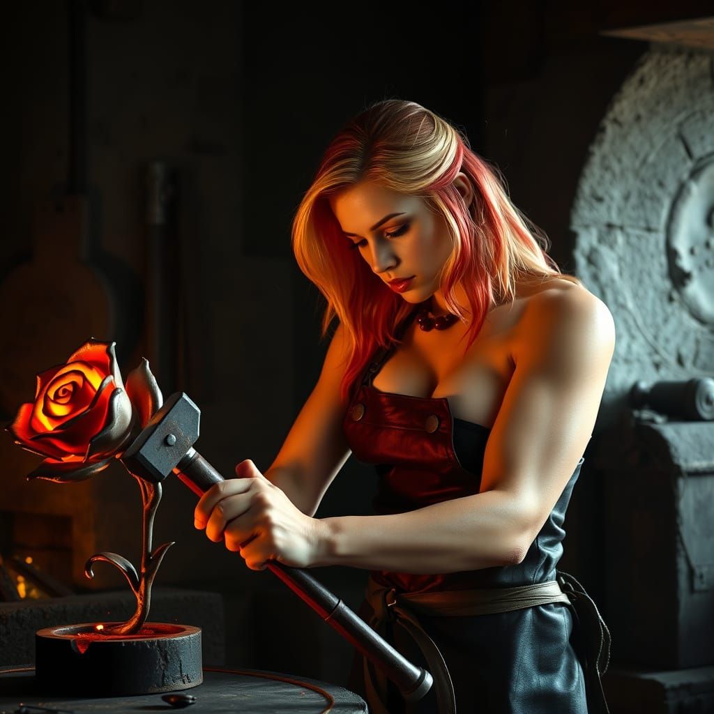 Medieval Blacksmith in Leather Apron Works on Wrought Iron R...