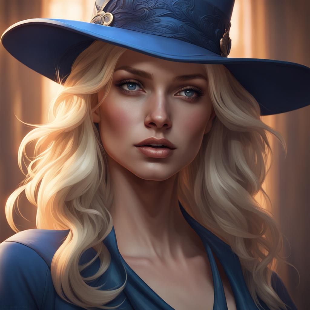 Blonde Woman in Dark Blue Hat: Detailed Portrait