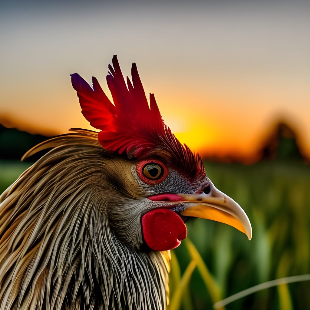 Rooster-Human Hybrid in Cornfield at Sunset