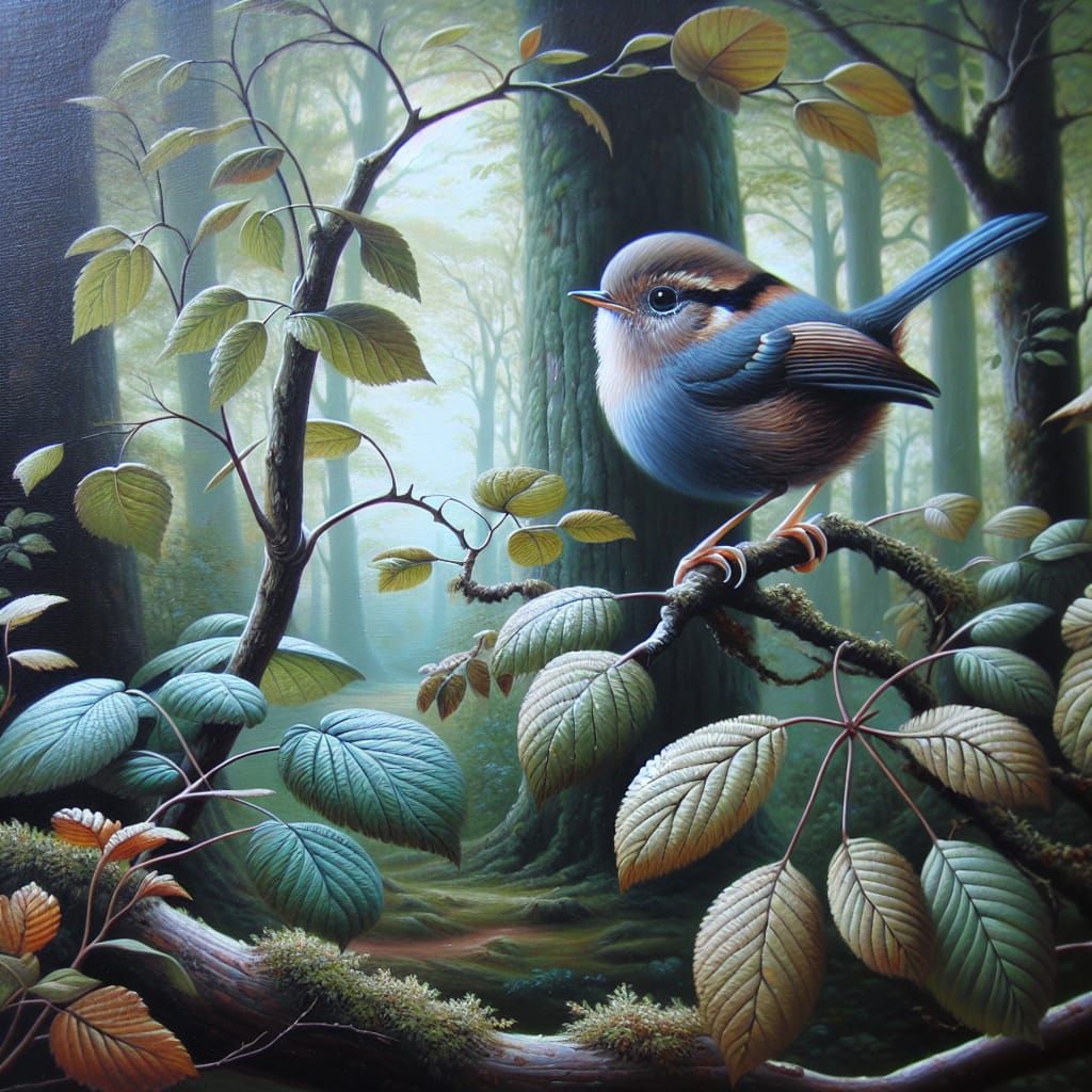 Blue Wren in Forest, an Oil Painting