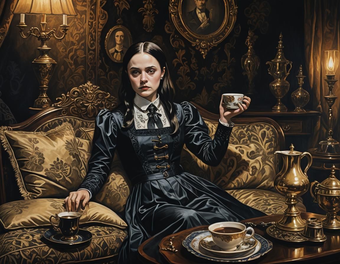 Wednesday Addams Waking Up: Dark Academia Oil Painting