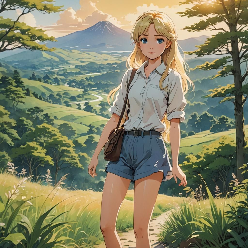 Anime Barbie in Ghibli-esque Watercolor Landscape