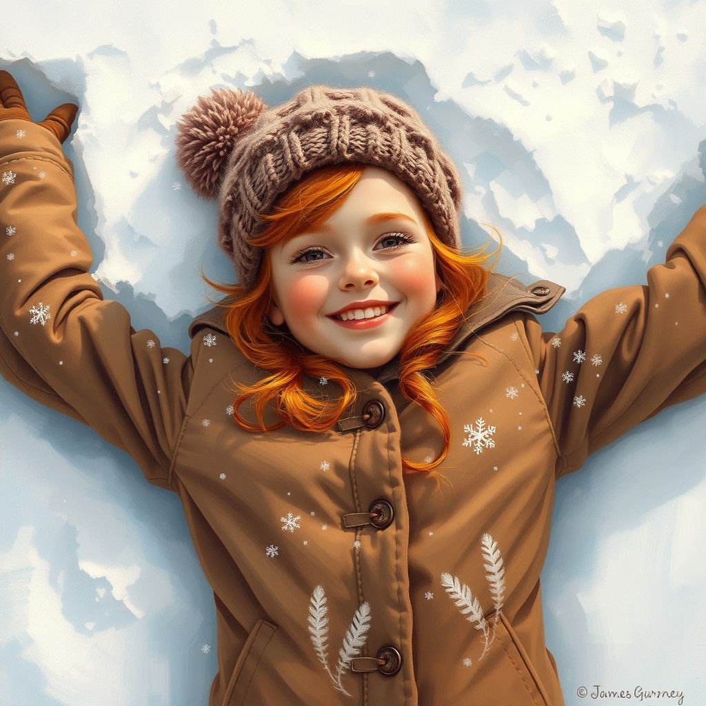 Girl with Auburn Hair Making Snow Angel, Oil Painting